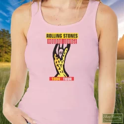 1994 The Rolling Stones Voodoo Lounge Tour Shirt 3 Women's 1994 The Rolling Stones Voodoo Lounge Tour Tank Top In Light Pink, Front View On Dark Wood Background