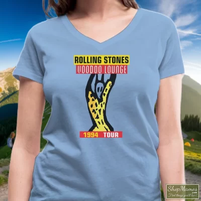 Women's 1994 The Rolling Stones Voodoo Lounge Tour V Neck In Light Blue, Front View On Dark Wood Background
