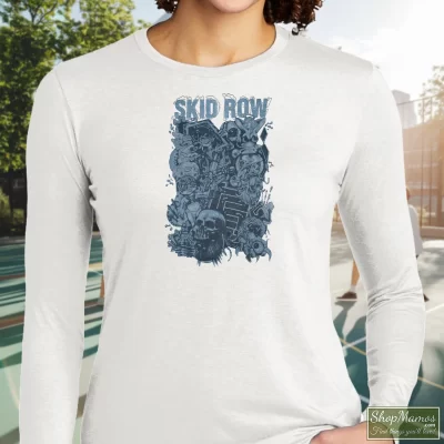 Women's 1995 Skid Row Subhuman Race Tour Concert Promo Album 90s Long Sleeve In White, Front View On Dark Wood Background