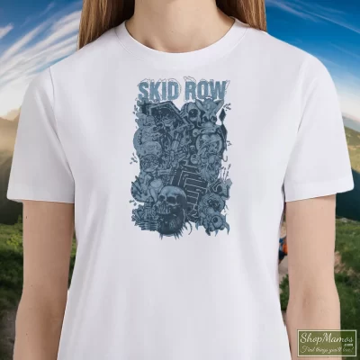 Women's 1995 Skid Row Subhuman Race Tour Concert Promo Album 90s T Shirt In White, Front View On Dark Wood Background