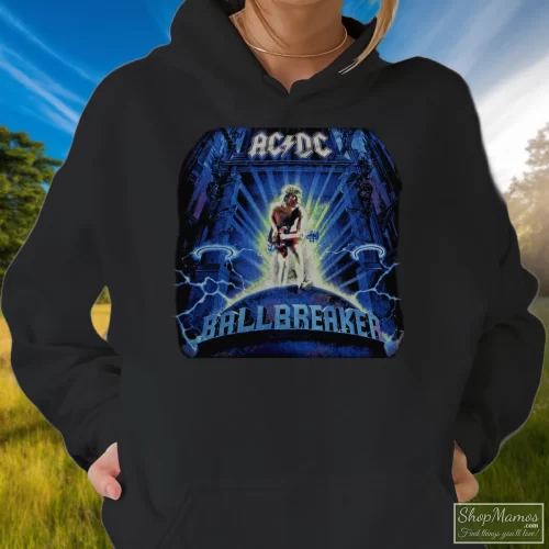 1996 Acdc Ballbreaker World Tour Women’s Hoodie – Black Front View On Light Wood Background Women's 1996 Acdc Ballbreaker World Tour Hoodie In Black, Front View On Light Wood Background