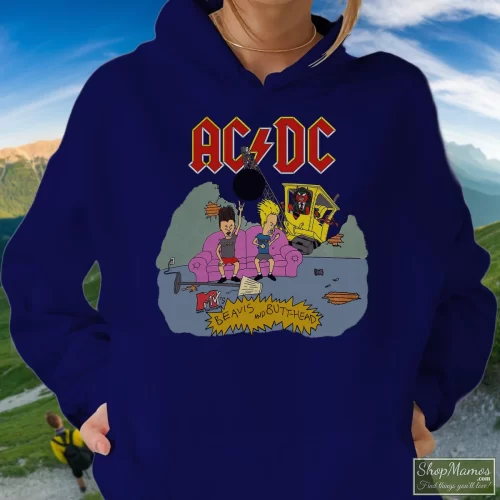 1996 Acdc Beavis Butthead World Tour With Brockum Women’s Hoodie – Navy Front View On Light Wood Background Women's 1996 Acdc Beavis Butthead World Tour With Brockum Hoodie In Navy, Front View On Light Wood Background