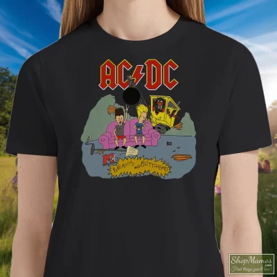 Women's 1996 Acdc Beavis Butthead World Tour With Brockum T Shirt In Black, Front View On Light Wood Background