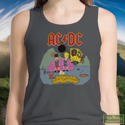 Women's 1996 Acdc Beavis Butthead World Tour With Brockum Tank Top In Charcoal, Front View On Dark Wood Background
