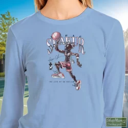 1996 Tupac Shakur 2pac Life Of An Outlaw Shirt 8 Women's 1996 Tupac Shakur 2pac Life Of An Outlaw Sweatshirt In Light Blue, Front View On Dark Wood Background