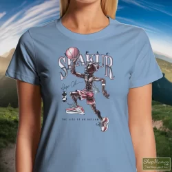1996 Tupac Shakur 2pac Life Of An Outlaw Shirt 4 Women's 1996 Tupac Shakur 2pac Life Of An Outlaw T Shirt In Light Blue, Front View On Dark Wood Background