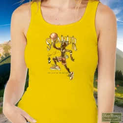 1996 Tupac Shakur 2pac Life Of An Outlaw Shirt 3 Women's 1996 Tupac Shakur 2pac Life Of An Outlaw Tank Top In Yellow, Front View On Dark Wood Background
