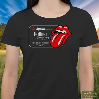 Women's 1997 Promo Tour Rolling Stones Bridges To Babylon Tour Black T Shirt In Black, Front View On Light Wood Background