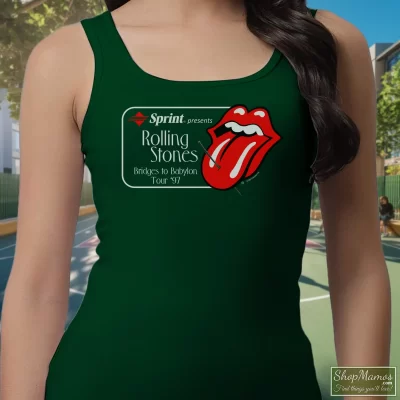 Women's 1997 Promo Tour Rolling Stones Bridges To Babylon Tour Black Tank Top In Forest Green, Front View On Light Wood Background