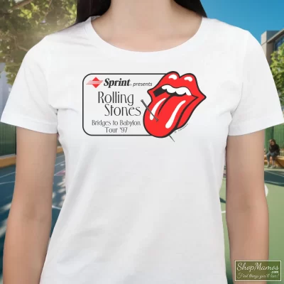 Women's 1997 Promo Tour Rolling Stones Bridges To Babylon Tour White T Shirt In White, Front View On Dark Wood Background