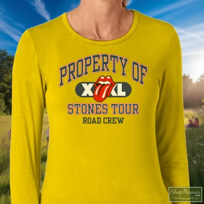 Women's 1997 Rolling Stones Property Of X Stones Tour Long Sleeve In Yellow, Front View On Dark Wood Background