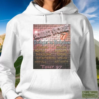 Women's 1997 The Rolling Stones Bridges To Babylon Tour Hoodie In White, Front View On Dark Wood Background