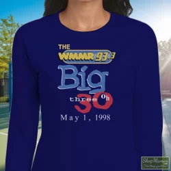 1998 90s Wmmr Radio Station Music Rock Tee Pink Floyd Rolling Stones Led Zeppelin Shirt 8 Women's 1998 90s Wmmr Radio Station Music Rock Pink Floyd Rolling Stones Led Zeppelin Long Sleeve In Navy, Front View On Light Wood Background