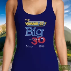 1998 90s Wmmr Radio Station Music Rock Tee Pink Floyd Rolling Stones Led Zeppelin Shirt 1 Women's 1998 90s Wmmr Radio Station Music Rock Pink Floyd Rolling Stones Led Zeppelin Tank Top In Navy, Front View On Light Wood Background