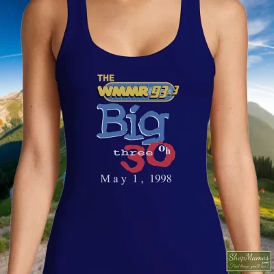 Women's 1998 90s Wmmr Radio Station Music Rock Pink Floyd Rolling Stones Led Zeppelin Tank Top In Navy, Front View On Light Wood Background
