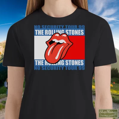 Women's 1999 Rolling Stones No Security Tour T Shirt In Black, Front View On Light Wood Background