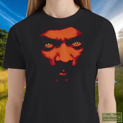 Women's 2001 Y2k Bones Snoop Dogg Rap Vintage Style T Shirt In Black, Front View On Light Wood Background