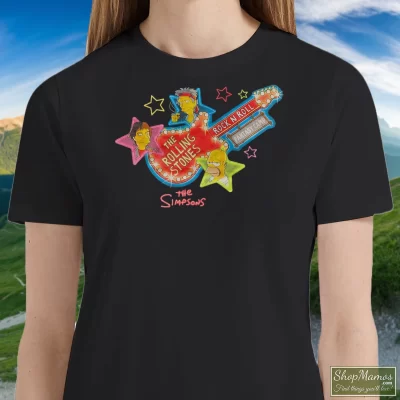 Women's 2002 Rolling Stones The Simpson T Shirt In Black, Front View On Light Wood Background