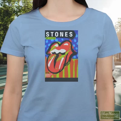Women's 2019 Rolling Stones No Filter T Shirt In Light Blue, Front View On Dark Wood Background