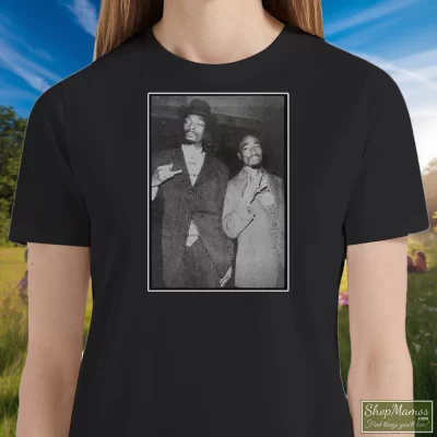 Women's 2pac Snoop Doggy Dogg Tupac Shakur Westside Hip Hop Rap T Shirt In Black, Front View On Light Wood Background