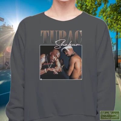 Women's 2pac Tupac Shakur Rap Hip Hop 90s Retro Sweatshirt In Charcoal, Front View On Dark Wood Background