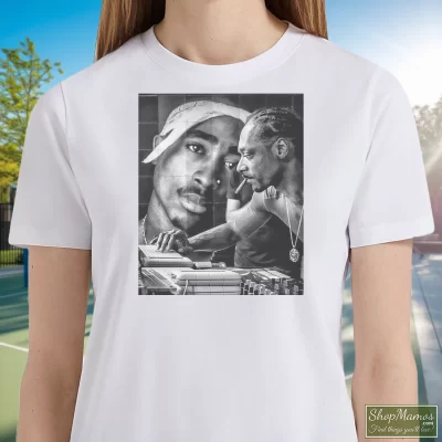 Women's 2pac Tupac Shakur Snoop Doggy Dogg T Shirt In White, Front View On Dark Wood Background
