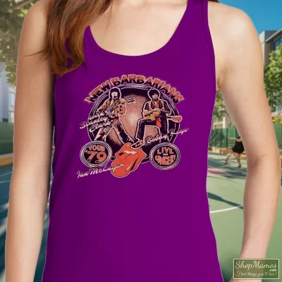 Women's 70s 1979 New Barbarians Concert Tour Rolling Stones Rock Tank Top In Purple, Front View On Light Wood Background