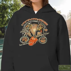 70s 1979 New Barbarians Rolling Stones Concert Tour Shirt 8 Women's 70s 1979 New Barbarians Rolling Stones Concert Tour Hoodie In Black, Front View On Light Wood Background