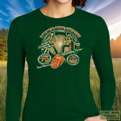 70s 1979 New Barbarians Rolling Stones Concert Tour Shirt 1 Women's 70s 1979 New Barbarians Rolling Stones Concert Tour Long Sleeve In Forest Green, Front View On Light Wood Background