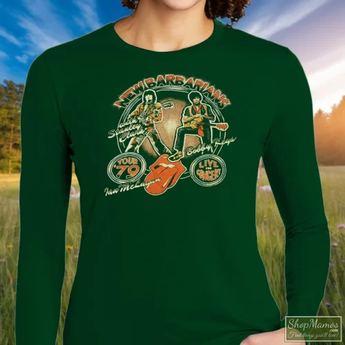 70s 1979 New Barbarians Rolling Stones Concert Tour Women’s Long Sleeve – Forest Green Front View On Light Wood Background Women's 70s 1979 New Barbarians Rolling Stones Concert Tour Long Sleeve In Forest Green, Front View On Light Wood Background