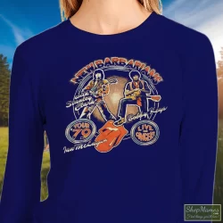 70s 1979 New Barbarians Rolling Stones Concert Tour Shirt 9 Women's 70s 1979 New Barbarians Rolling Stones Concert Tour Sweatshirt In Navy, Front View On Light Wood Background