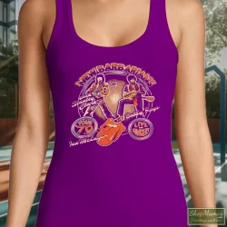 70s 1979 New Barbarians Rolling Stones Concert Tour Shirt 7 Women's 70s 1979 New Barbarians Rolling Stones Concert Tour Tank Top In Purple, Front View On Light Wood Background