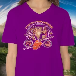 70s 1979 New Barbarians Rolling Stones Concert Tour Shirt 4 Women's 70s 1979 New Barbarians Rolling Stones Concert Tour V Neck In Purple, Front View On Light Wood Background