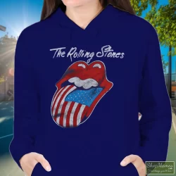 80s 1981 The Rolling Stones North American Rock Concert Tour Shirt 6 Women's 80s 1981 The Rolling Stones North American Rock Concert Tour Hoodie In Navy, Front View On Light Wood Background