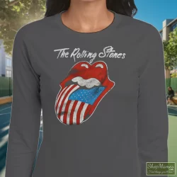 80s 1981 The Rolling Stones North American Rock Concert Tour Shirt 9 Women's 80s 1981 The Rolling Stones North American Rock Concert Tour Long Sleeve In Charcoal, Front View On Dark Wood Background