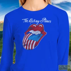 80s 1981 The Rolling Stones North American Rock Concert Tour Shirt 1 Women's 80s 1981 The Rolling Stones North American Rock Concert Tour Sweatshirt In Royal Blue, Front View On Light Wood Background