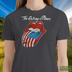 80s 1981 The Rolling Stones North American Rock Concert Tour Shirt 8 Women's 80s 1981 The Rolling Stones North American Rock Concert Tour T Shirt In Charcoal, Front View On Dark Wood Background