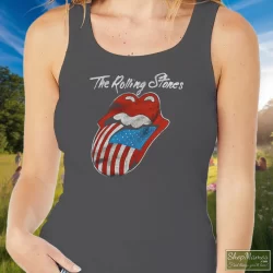 80s 1981 The Rolling Stones North American Rock Concert Tour Shirt 5 Women's 80s 1981 The Rolling Stones North American Rock Concert Tour Tank Top In Charcoal, Front View On Dark Wood Background