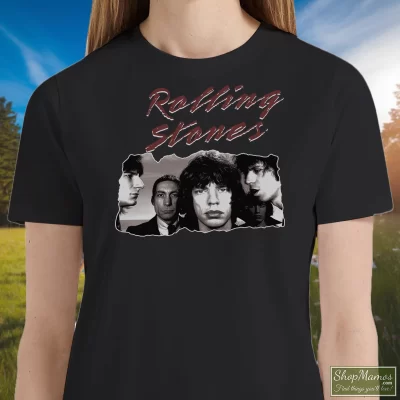 Women's 80s Rolling Stones Bad Boys Of Rock N Roll T Shirt In Black, Front View On Light Wood Background
