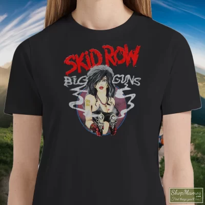 Women's 80s Skid Row Big Guns Heavy Metal Band T Shirt In Black, Front View On Light Wood Background