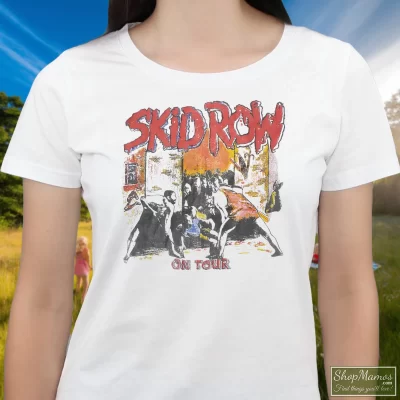 Women's 80s Skid Row On Tour T Shirt In White, Front View On Dark Wood Background