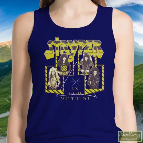 80S Skid Row Stryper In God We Trust World Tour Women’s Tank Top – Navy Front View On Light Wood Background Women's 80S Skid Row Stryper In God We Trust World Tour Tank Top In Navy, Front View On Light Wood Background