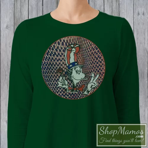 Women's 80s Vintage Grateful Dead Cat In The Hat Weed Dr Seuss Long Sleeve In Forest Green, Front View On Light Wood Background