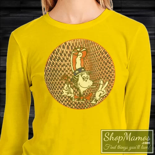 Women's 80s Vintage Grateful Dead Cat In The Hat Weed Dr Seuss Sweatshirt In Yellow, Front View On Dark Wood Background