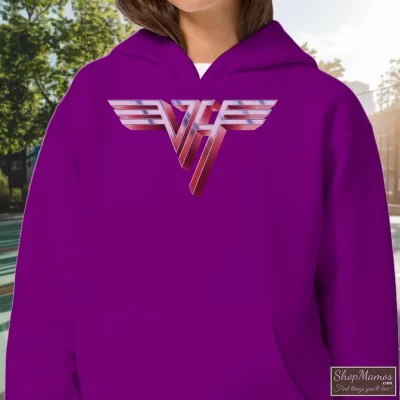 Women's 90s 1990 Van Halen Logo Hoodie In Purple, Front View On Light Wood Background