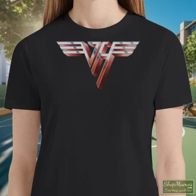 Women's 90s 1990 Van Halen Logo T Shirt In Black, Front View On Light Wood Background