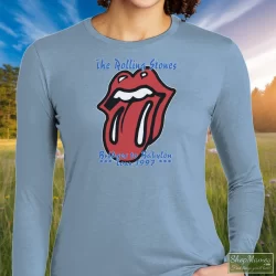 90s 1997 Rolling Stones Rock Tour Bridges To Babylon Shirt 5 Women's 90s 1997 Rolling Stones Rock Tour Bridges To Babylon Long Sleeve In Light Blue, Front View On Dark Wood Background