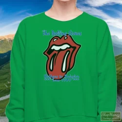 90s 1997 Rolling Stones Rock Tour Bridges To Babylon Shirt 1 Women's 90s 1997 Rolling Stones Rock Tour Bridges To Babylon Sweatshirt In Irish Green, Front View On Light Wood Background
