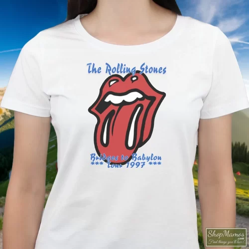 90s 1997 Rolling Stones Rock Tour Bridges To Babylon Women’s T Shirt – White Front View On Dark Wood Background Women's 90s 1997 Rolling Stones Rock Tour Bridges To Babylon T Shirt In White, Front View On Dark Wood Background