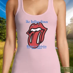 90s 1997 Rolling Stones Rock Tour Bridges To Babylon Shirt 8 Women's 90s 1997 Rolling Stones Rock Tour Bridges To Babylon Tank Top In Light Pink, Front View On Dark Wood Background